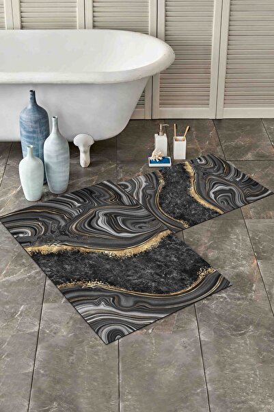 Kolay Temizlenebilir Kaymaz Taban 4 mm Süngerli Yıkanabilir ikili Banyo Paspas Takımı (40x60-60x90)