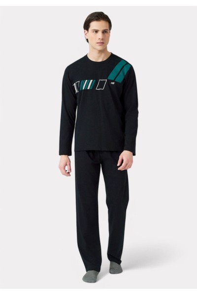Minerva Πιτζάμα Ανδρική Bαμβακερή Athletic Stripes Black - Μαύρο