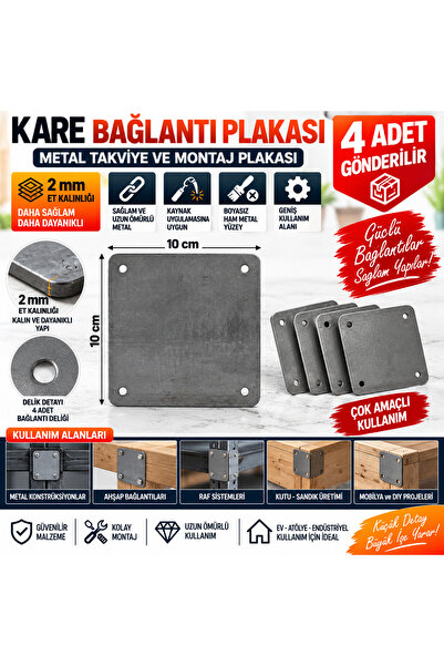 Home 4 Adet Metal Bağlantı Plakası 10x10 cm 2 mm Kare Takviye Sacı 4 Delikli ...
