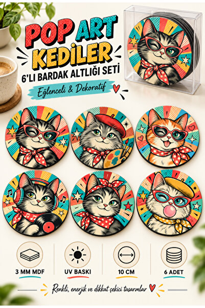 NCPUZZLES Retro Pop Art Cat Themed Set of 6 Wooden Mdf Coasters – 10 Cm, Pop ...