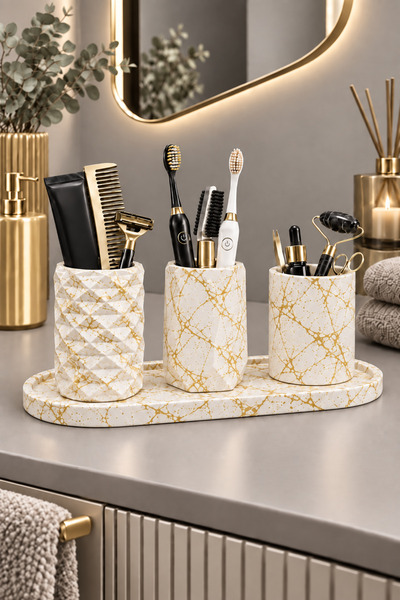 betonmall Beton Banyo Seti 4 Parça Tepsili Organizer Diş Fırçalık El Yapımı M...