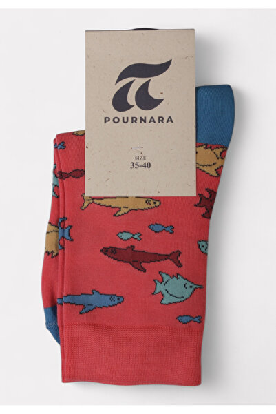 POURNARA κάλτσα γυναικεία βαμβακερή με σχέδιο Design Fish Κοραλί