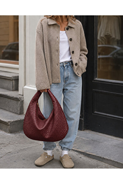 Kadın Casual Örgü Dokulu Hobo Çanta - Bordo