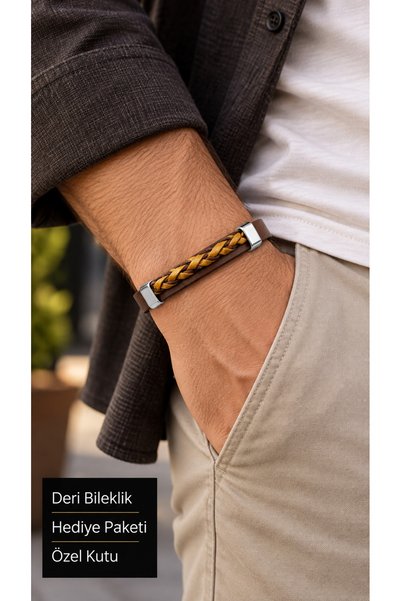 HER ŞEY NOTA www.herseynota.com Tervino Amberplait Brown Leather Men's Bracel...