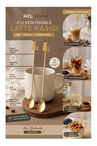 HZL HOME 2'li Kedi Figürlü Gold Latte Kaşığı Paslanmaz Çelik Uzun Kahve ve Ko...