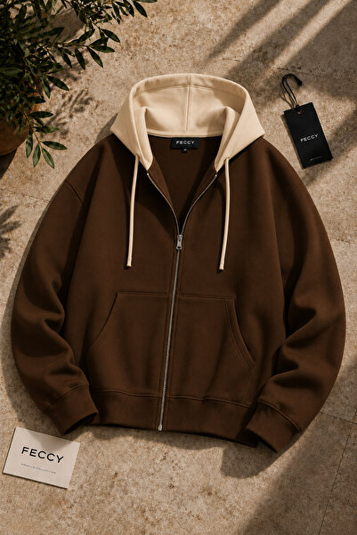 FECCY Premium Unisex Contrast Hooded Zipper Pocket Three-Thread Oversize Card...