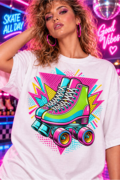 Moda Minimo Kadın Oversize 80'ler Tişört Kısa Kollu Bisiklet Yaka Pamuklu Pen...