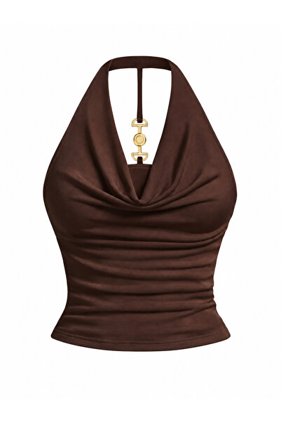 Kahverengi Degaje Yaka Crop Metal Sırt Aksessuar Detay Slim Fit Kadın Bluz