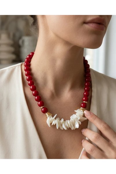 Dorvina Natural Stone Women's Necklace Red Agate and Stone Steel Gold Detaile...