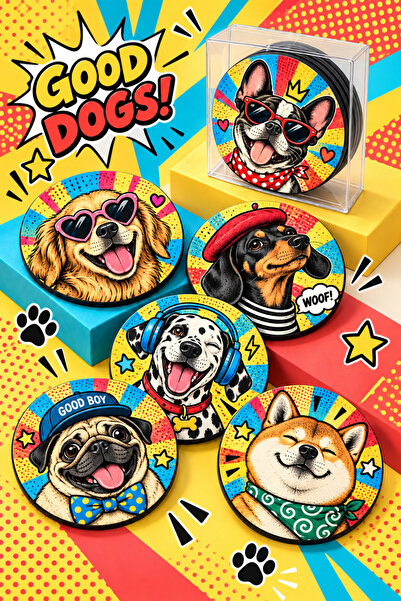 NCPUZZLES Retro Pop Art Dog-Themed Set of 6 Wooden Coasters – 10 Cm, Good Dog...
