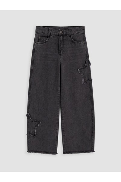LC Waikiki Pantaloni negri din denim pentru fete, cu croială largă și broderie