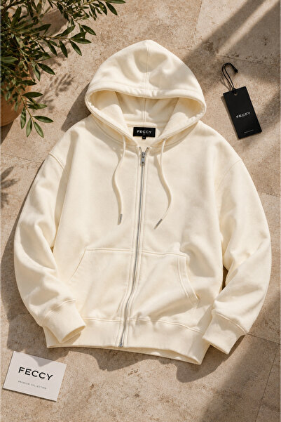 FECCY Premium Unisex Hooded Zippered Pocket Three-Thread Oversize Cardigan Sw...