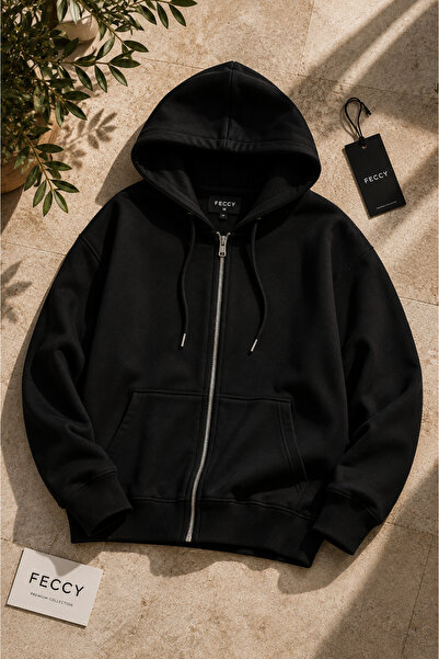 FECCY Premium Unisex Hooded Zippered Pocket Three-Thread Oversize Cardigan Sw...