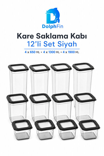 DolphFin Square Storage Container Set of 12 Black 650/1300/1900 ml