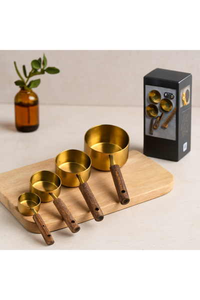 Bezos 4-Piece Measuring Spoon Set (250/125/80/60 ml) - Gold Metal with Wooden...