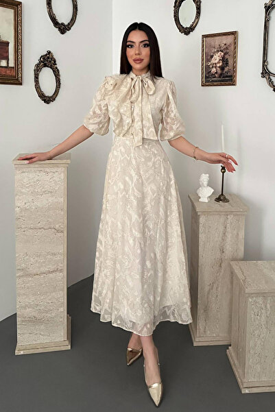 Elbee Fashion Woman Bej Fiyonklu Mavi Elbise