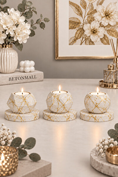 betonmall Beton Tealight Mumluk Seti Şamdan Mumluk Dekoratif Biblo