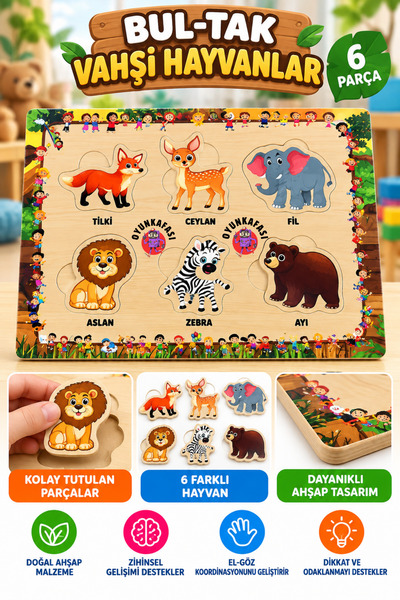 OYUNKAFASI Çocuk Eğitici Bul-Tak Puzzle 3 mm Ahşap Taban 5 mm Yumuşak EVA – O...