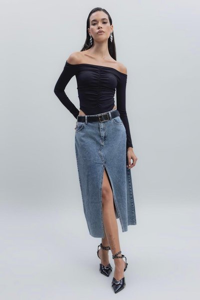 BSL Yırtmaçlı Denim Etek