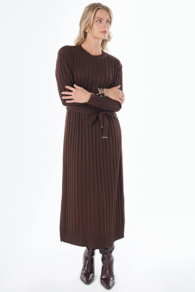 Kayra Belted Knitwear Dress Dark Brown