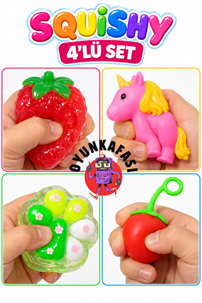OYUNKAFASI Squishy 4’lü Set Yumuşak Sıkılabilir Oyuncak – 4 Farklı Model Eğle...