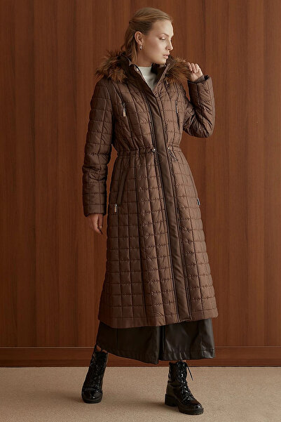 Kayra Fur Hooded Checkered Puffer Coat Brown