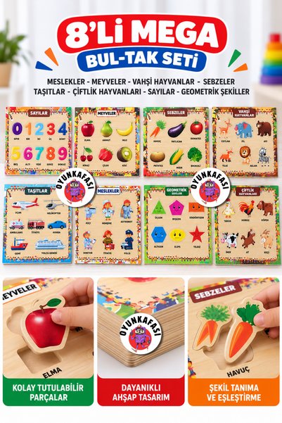 OYUNKAFASI 8’li Mega Eğitici Bul-Tak Puzzle Seti – 3 mm MDF Taban 5 mm Yumuşa...