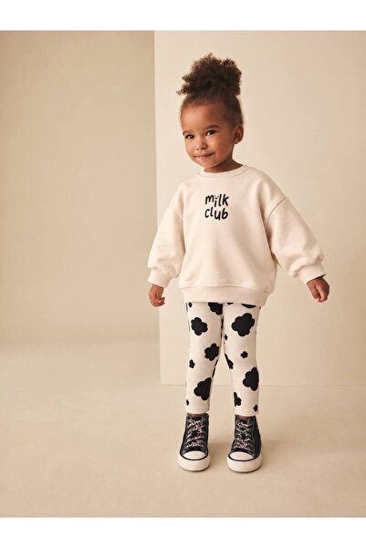 Bej Sweatshirt ve Baskılı Tayt Takım