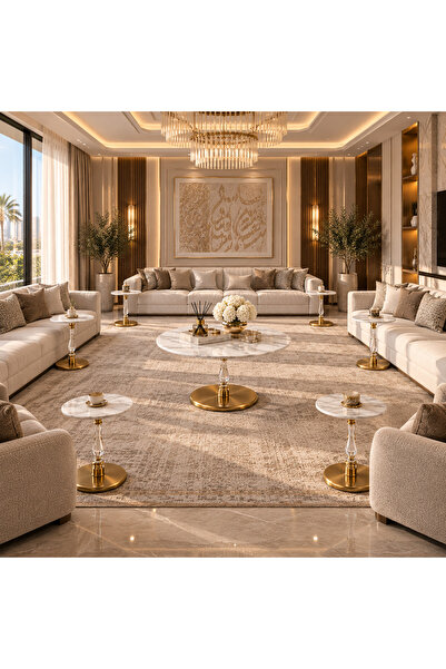 jeddahmasterpeace طقم طاولات ضيافة سيراميك رخامي 7 قطع بتصميم ذهبي فاخر