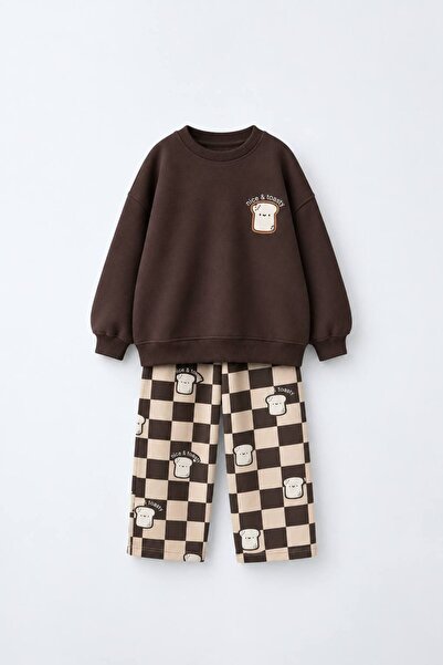 Bisiklet Yaka Baskılı kahverengi Sweatshirt ve Pantolon takım
