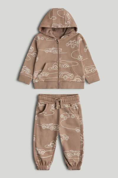 MOTHERCARE طقم هودي وبنطلون رياضي بيج للسيارة بسحاب أمامي
