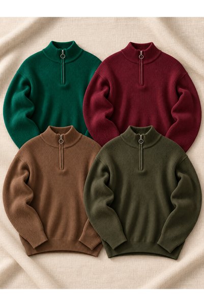 oneoff 4LÜ set Erkek Salaş Yarım Fermuarlı Kışlık Triko Selanik Kazak