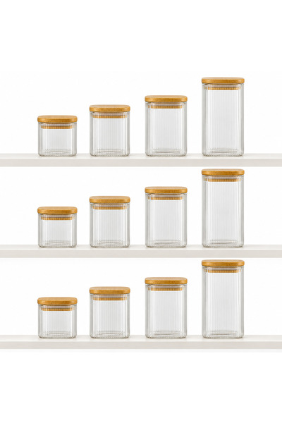 Queen’s Kitchen 12 Adet 4 Boy Kare Bambu Kapaklı Cam Baharatlık Kavanoz Set 3x (250ml, 350ml, 425ml ve 500ml)