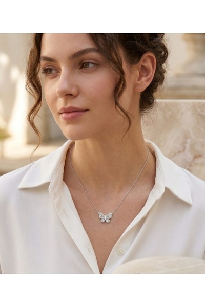 Lunarie Silver Necklace with Baguette Zircon Stones and Butterfly Figure - Sp...