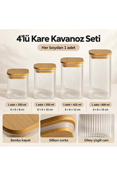 Queen’s Kitchen 4 Boy Kare Bambu Kapaklı Cam Baharatlık Kavanoz Set 250ml, 350ml, 425ml ve 500ml