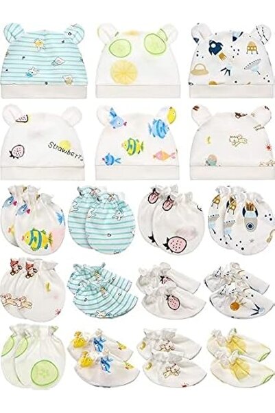 GENERAL 18 Pieces Newborn Cap Mitten Sock Including 6 Pieces Newborn Hats 6 P...