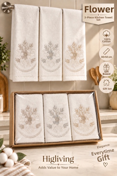 Hig Store Σετ 3 κομμάτιων κομψών κουζινικών πετσετών με κεντήματα, 30×50 εκ.,...