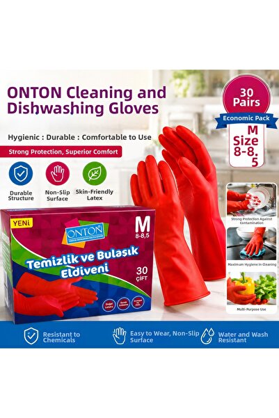 Onton Red Dishwashing/Cleaning Gloves Latex 30 Pairs Size m