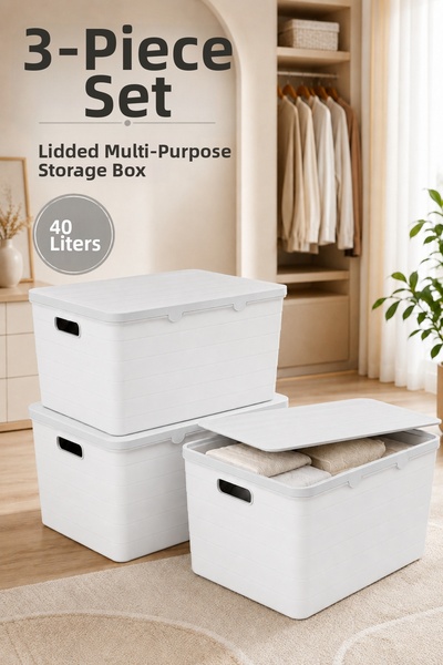 Funny Life 3-Piece 40 L Storage Box with Lid Multi-Purpose Plastic Organizer ...