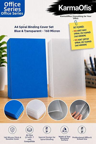 KarmaOfis A4 Spiral Binding Cover Set 160 Micron – Blue Colored and Transpare...