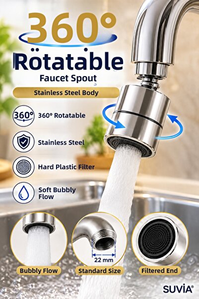 SUVİA Faucet Head 360 °   Rotating Stainless Steel Water Saving Filtered Aera...