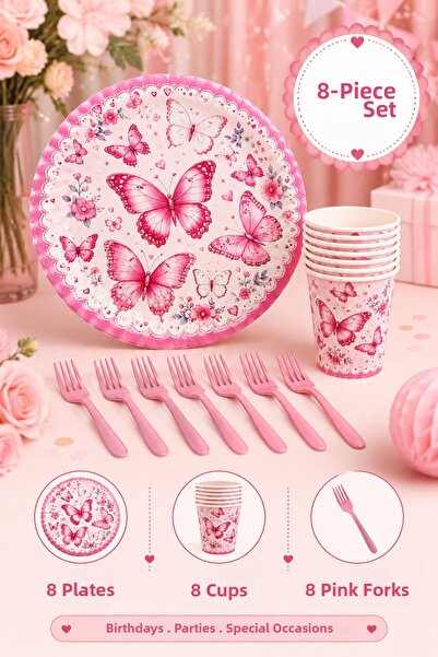Baloncu Nene Pink Butterfly Themed Birthday Party Set for 8 People, 24 Pieces...