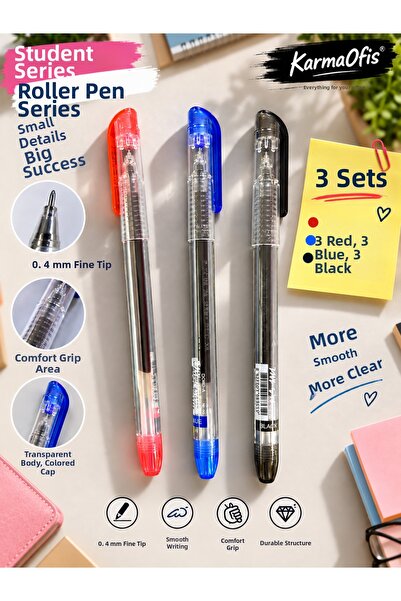 KarmaOfis 0.4 mm Fine Tip Rollerball Pen Set – Blue, Red, Black |   3 Sets wi...