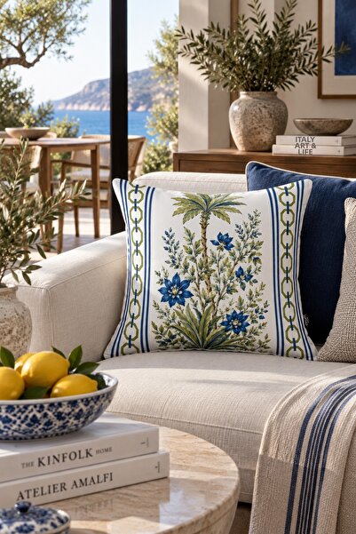 MUN HOME Palazzo Botanik 1 Piece Throw Pillow Cover Navy Blue White Green Flo...