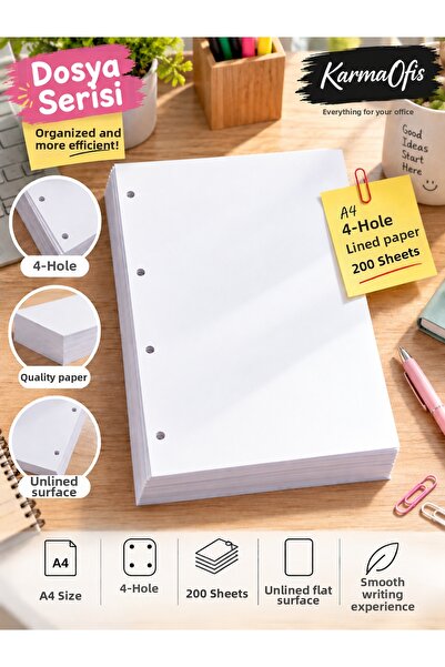 KarmaOfis A4 4-Hole Unlined Paper |   200 Pieces Optional