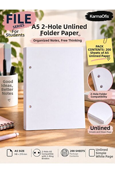 KarmaOfis A5 2-Hole Unlined Folder Paper – 2-Ring Binder Compatible with 200 ...