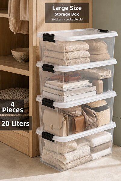 Meleni Home Set de 4 cutii de depozitare cu capac blocabil de 20 litri - Orga...