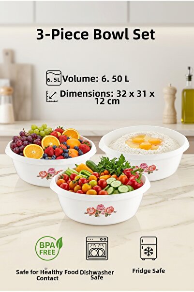 Özmet Set of 3 Round Patterned Plastic Bowls 6.5 Liters - Kitchen and Mixing ...