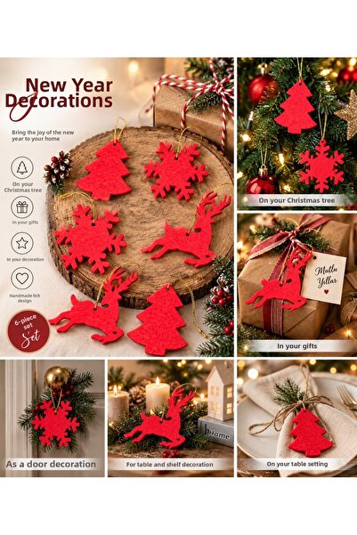 Masalsı Concept 6 Pieces Christmas Tree Ornament Red Felt Christmas Tree Orna...