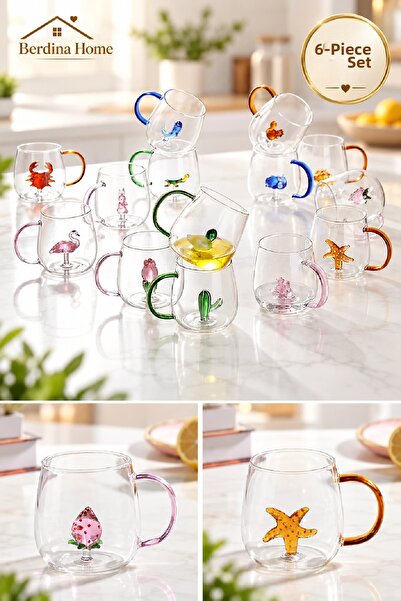 Berdina Home 6-Piece Figured Glass Cup 3D Cute Cartoon Cup Kawaii Colorful Pr...